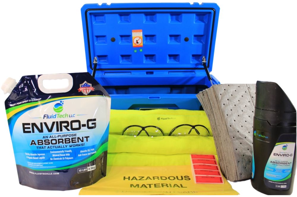 Open blue EG-50 rotomolded case with ENVIRO-G absorbent spout bag, shaker, absorbent pads, safety glasses, and hazardous material disposal bag