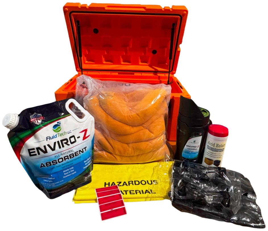 Open orange EZ-50 rotomolded case with ENVIRO-Z absorbent bag, absorbent socks, hazardous material disposal bag, labels, and PPE